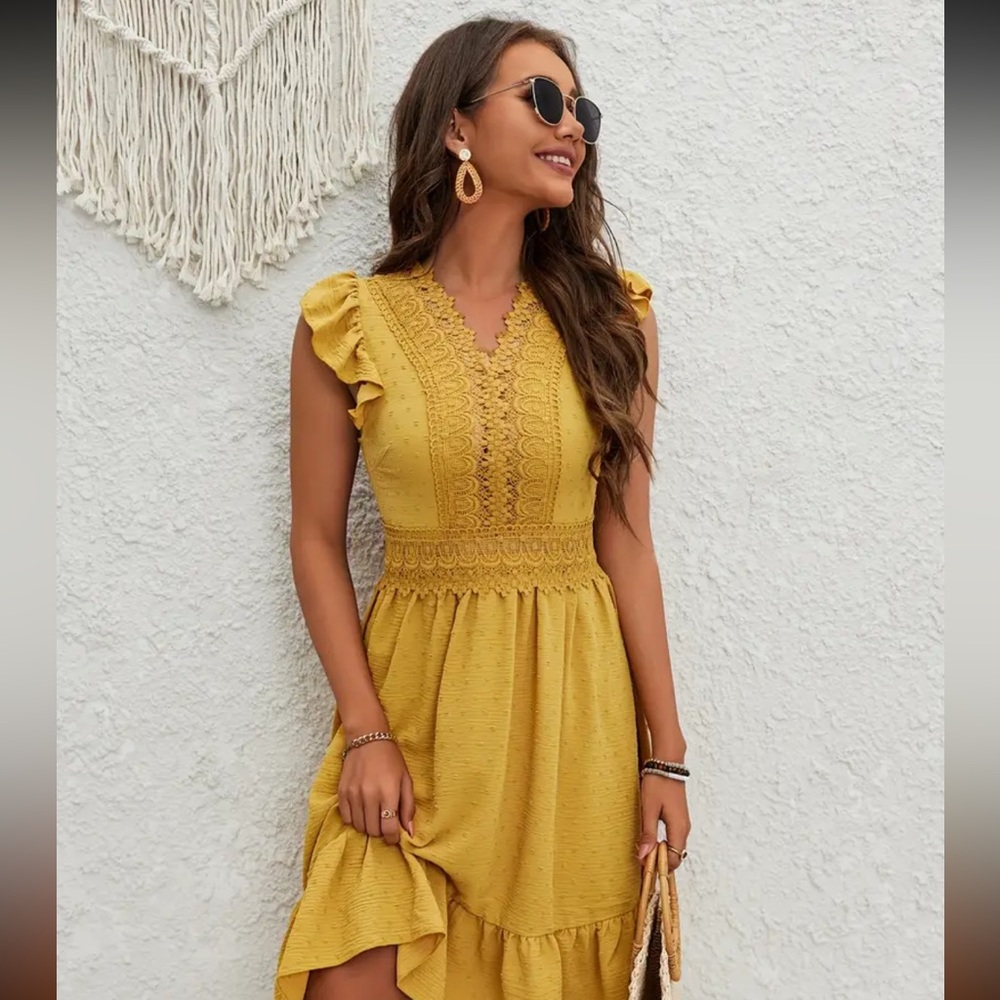 Dot Lace Yellow V-Neck Ruffle Trim Dress